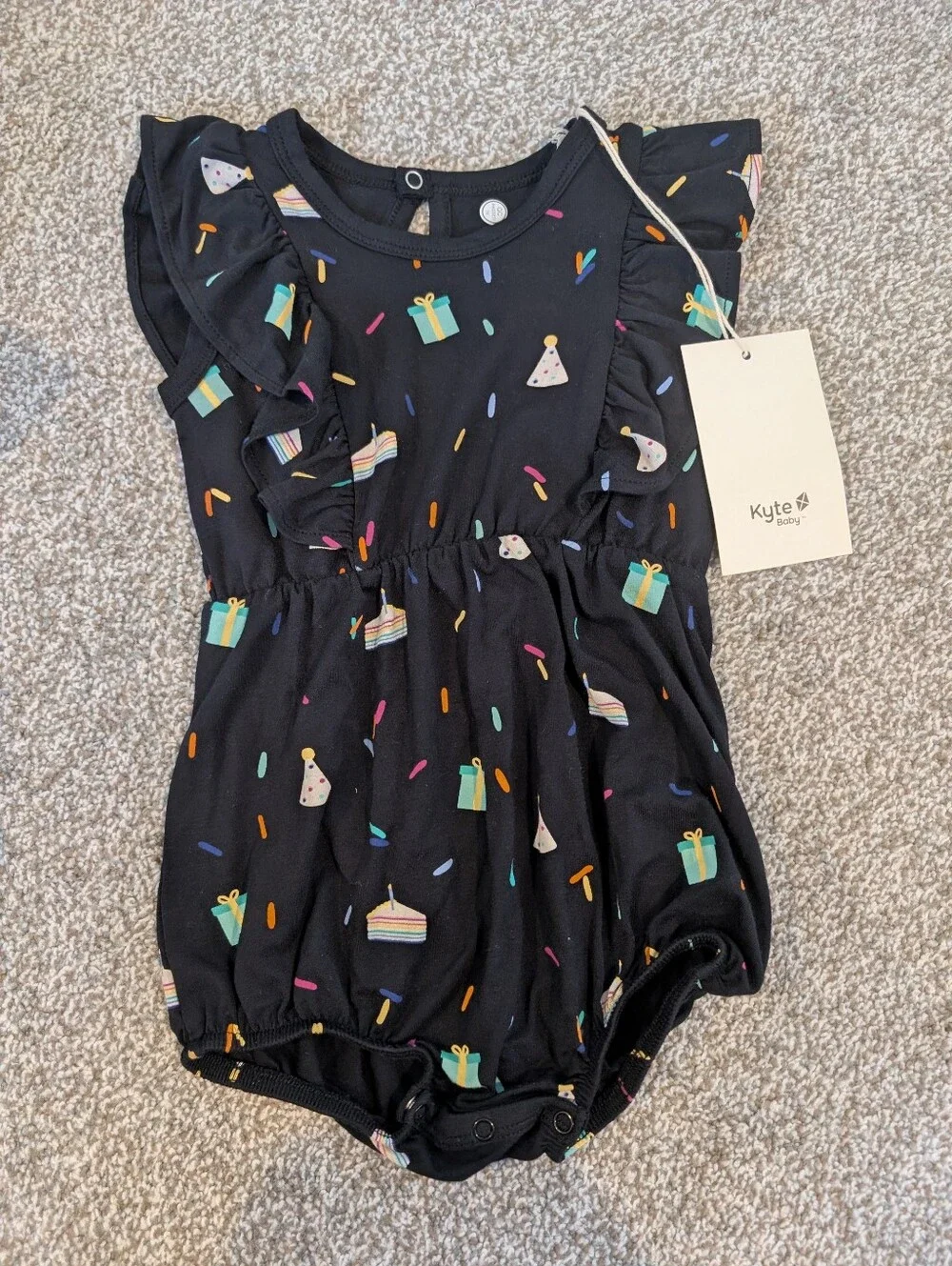 Kyte BABY Birthday Black Ruffle Bubble Bamboo Romper 12-18 Months